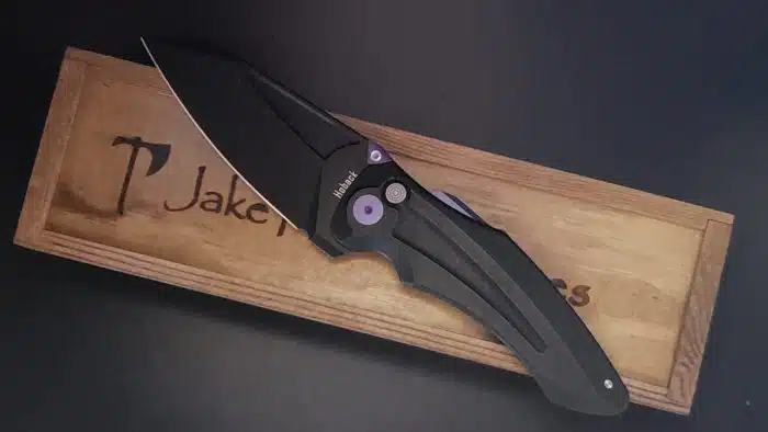 Jake Hoback Sumo Button Lock Satin 20CV Blade Sandblast Ti Handle Purple Accents