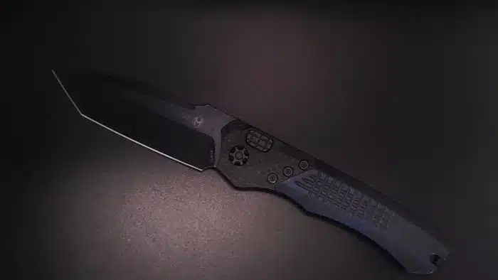 Heretic Knives Wraith Auto Battleworn Black Tanto Breakthrough Blue Handle