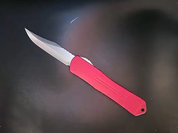 Heretic Knives Manticore X OTF Bowie Stonewashed Elmax Red Handle Ti Clip H030B-2A-RED