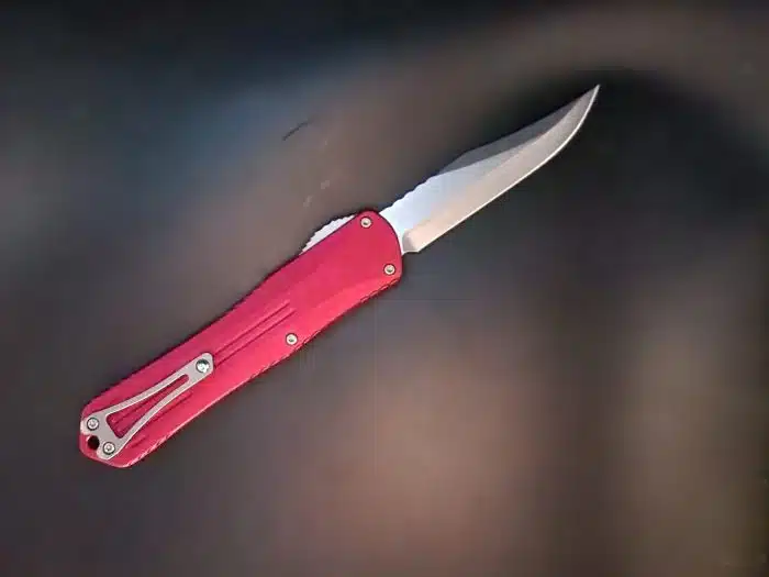 Heretic Knives Manticore X OTF Bowie Stonewashed Elmax Red Handle Ti Clip H030B-2A-RED - Image 2