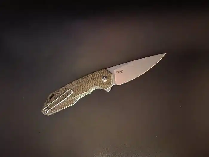 GiantMouse ACE Corta Flipper M390 Satin Drop Point Green Canvas Micarta - Image 2