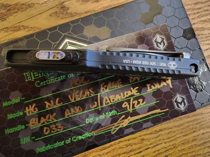 Heretic Knives Custom "ROC" OTF Auto Vegas Forge DLC Damascus Abalone Inlay - Image 3