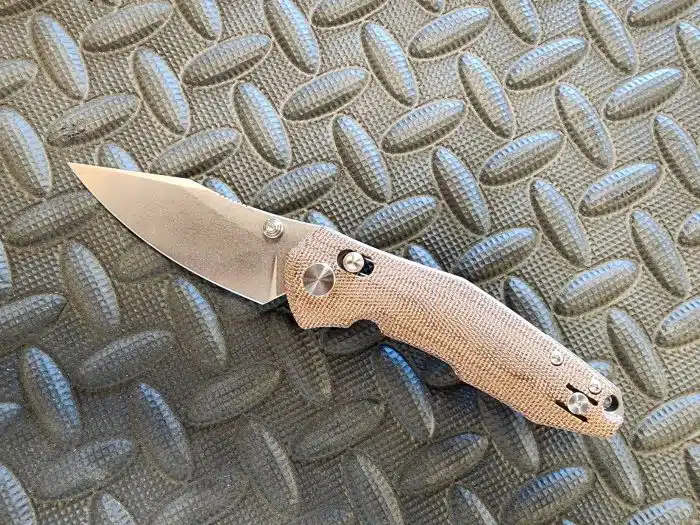 GiantMouse ACE Nazca Cross Bar Lock Natural Canvas Micarta M390 3.2" Stonewash