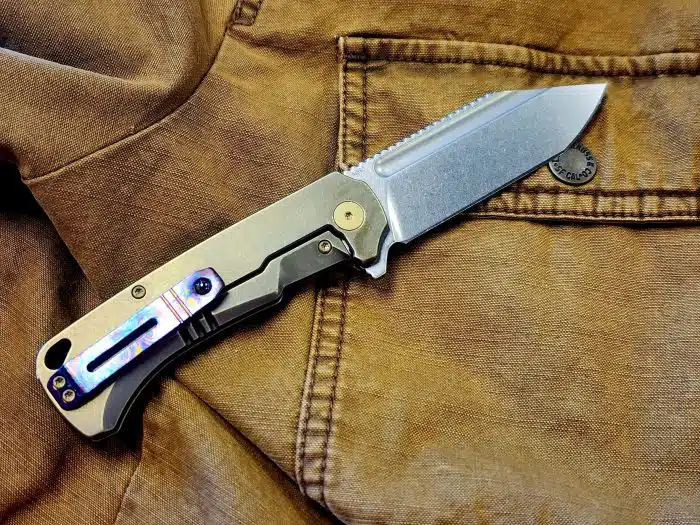 QSP Rhino Bronze Stonewashed Ti Framelock Reverse Tanto M390 MokuTi Clip QS143D - Image 2