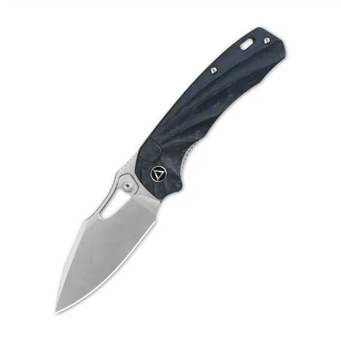 QSP Hornbill S35VN Stonewash Drop Point Front Flipper Thumb Studs Blue Carbon Fiber QS146-B1