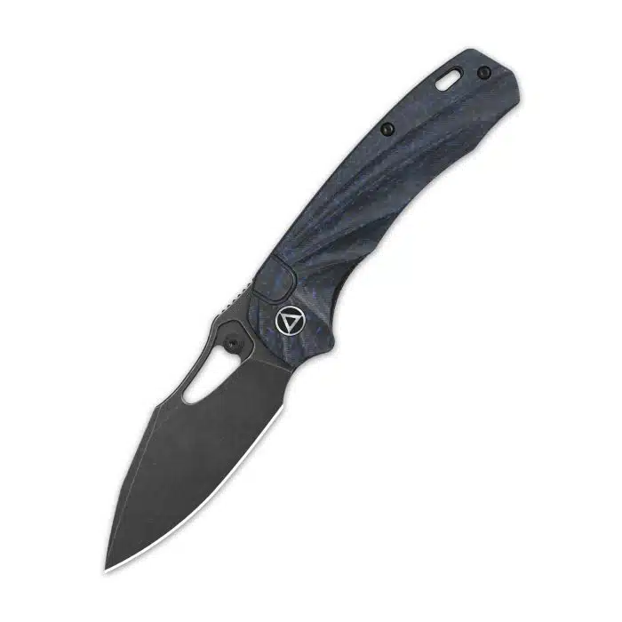 QSP Hornbill S35VN Black Stonewash Drop Point Front Flipper Thumb Studs Blue Carbon Fiber QS146-B2