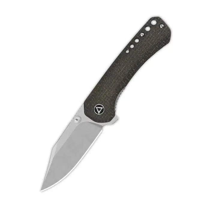 QSP Kestrel Flipper Brown Burlap Micarta 14C28N Stonewashed Clip Point QS145-A1