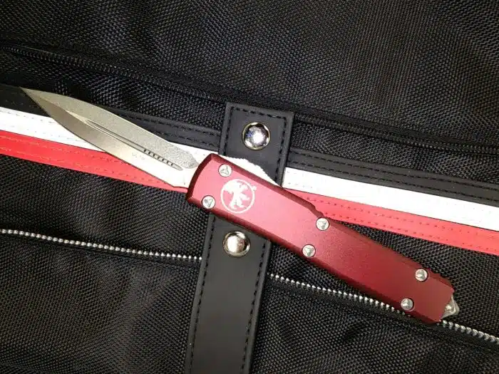 Microtech 122-10MR Ultratech Merlot Red Handle Stonewash D/E Blade