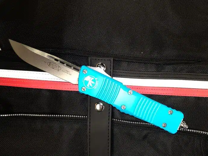 Microtech 143-10TQ Combat Troodon Turquoise Handle Stonewashed Drop Point Blade