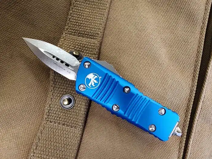 Microtech 238-10BL Mini Troodon Cali Legal Blue Handle Stonewash Dagger Blade