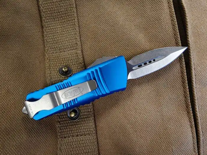 Microtech 238-10BL Mini Troodon Cali Legal Blue Handle Stonewash Dagger Blade - Image 2