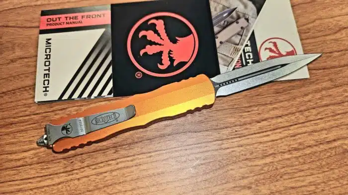 Microtech 225-10OR Dirac Orange Aluminum Handle Stonewash Dagger Blade - Image 2