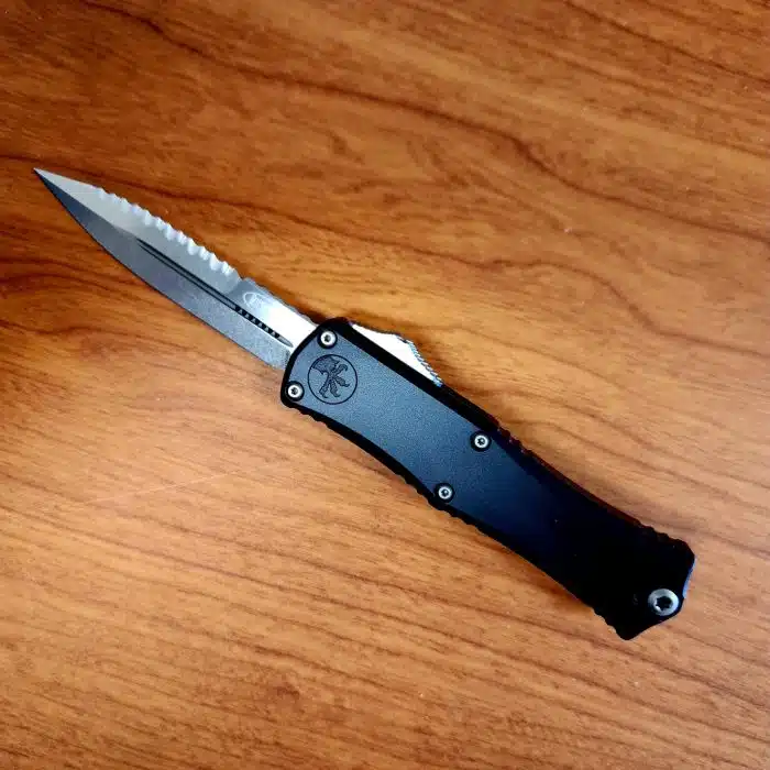 Microtech 1701M-12 Mini Hera Stonewashed Fully Serrated Bayonet Black Aluminum