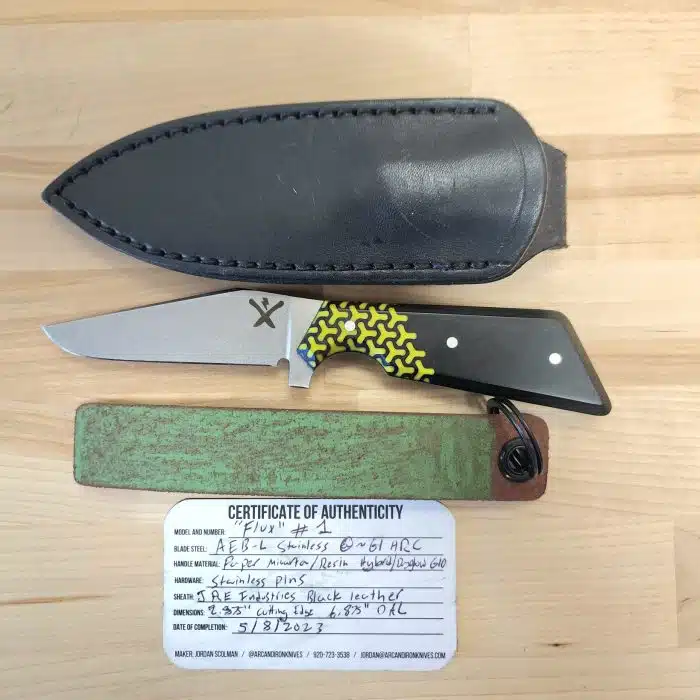 Preowned Arc and Iron Flux #1 AEB-L 3" Stainless Blade Paper/Resin Micarta G10