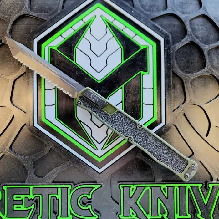 Heretic Knives Cleric 2 DLC Tanto Serrated Magnacut Green Aluminum Black Grip Inserts H019-6C-GRN