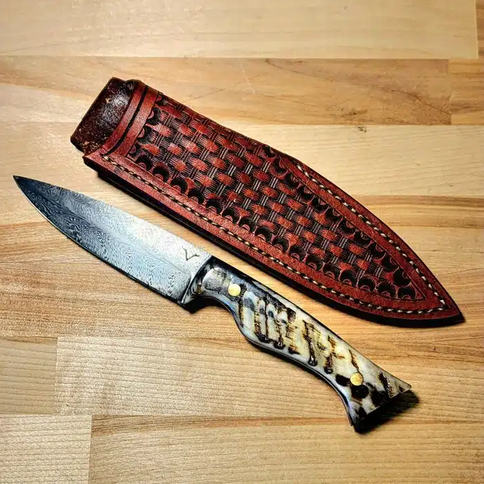 Flying V Forge Custom Ron Vincent Hunting Knife Feathered Damascus Ram Horn Custom Sheath