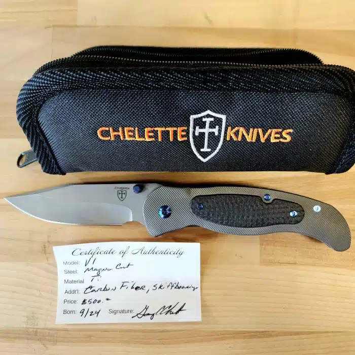 Chelette Knives V1 Titanium Weathered Magnacut Carbon Fiber Insert Blue Ano Hardware