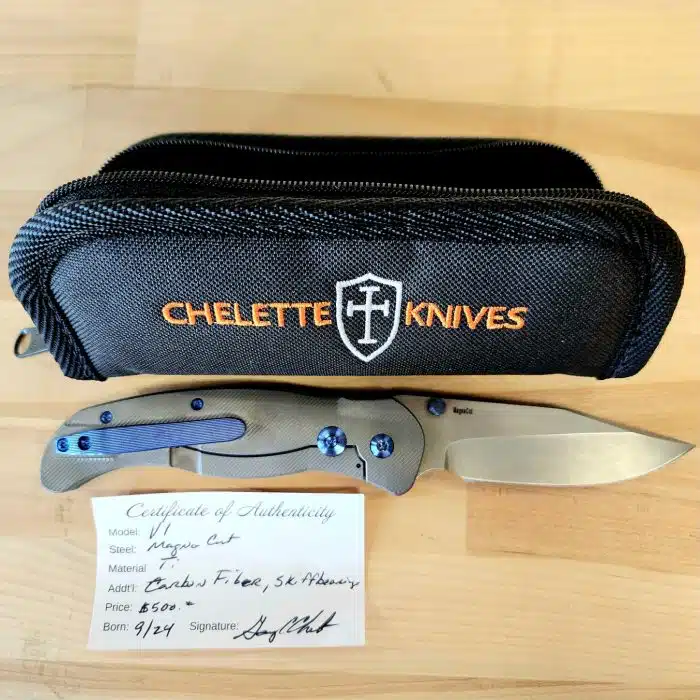 Chelette Knives V1 Titanium Weathered Magnacut Carbon Fiber Insert Blue Ano Hardware - Image 2