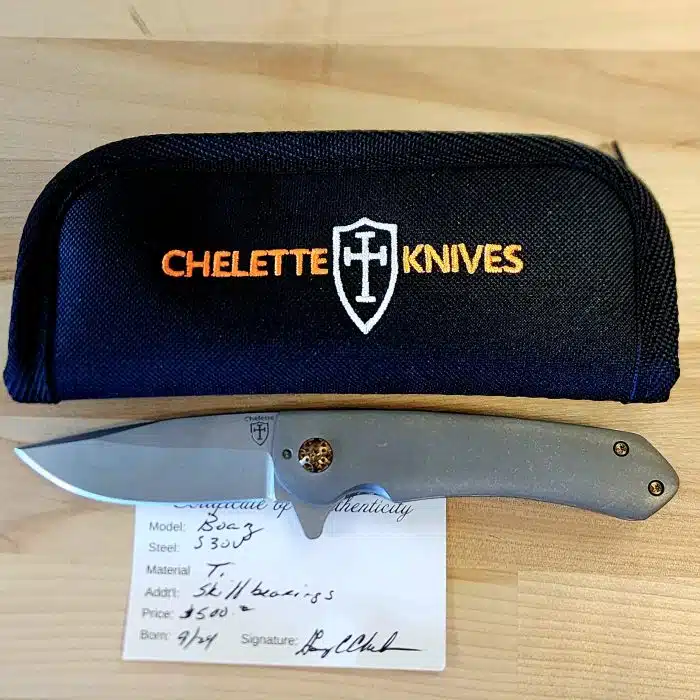 Chelette Knives Boaz Titanium Weathered S30V Bronze Ano Hardware