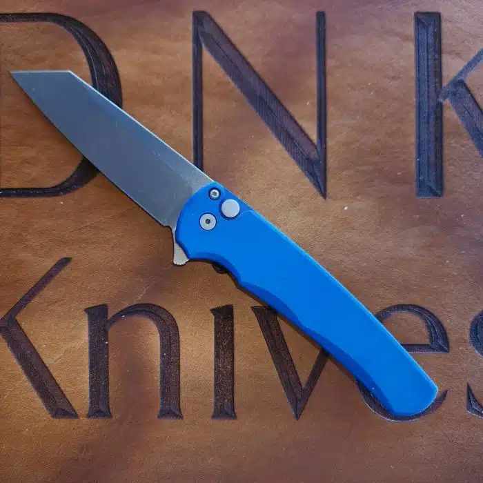 Protech 5401 Malibu Flipper Blue Aluminum Button Lock Stonewash Magnacut Reverse Tanto