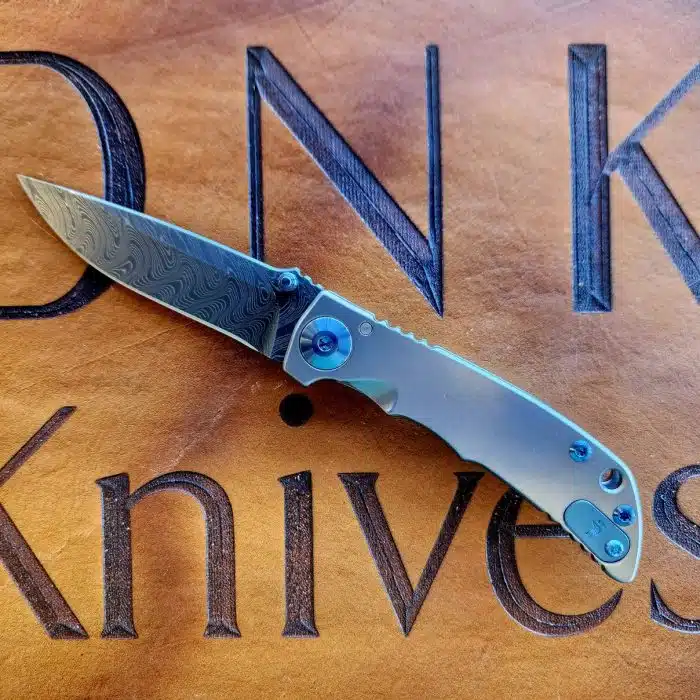 Spartan Blades Custom Harsey Folder Chad Nichols Damascus Satin Titanium Blue Ano Hardware SF10DMBL