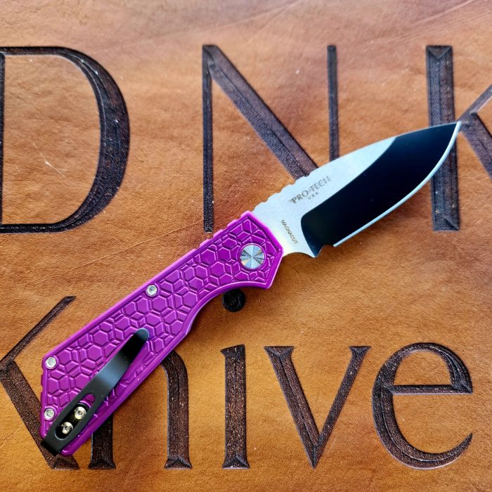 Protech Strider Plus Purple Gridlock Automatic 2-Tone Satin/DLC Magnacut Pearl Button - Image 2