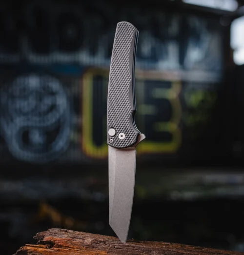 Protech 5405 Malibu Flipper Black Textured Aluminum Button Lock Stonewash Magnacut Reverse Tanto