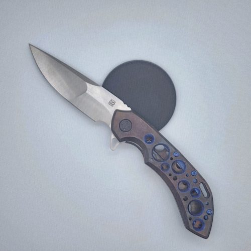 Olamic Cutlery Wayfarer 247 Satin CTS-XHP Drop Point Antique Entropic Ti Flipper Acid Rain Blue Ano Accents