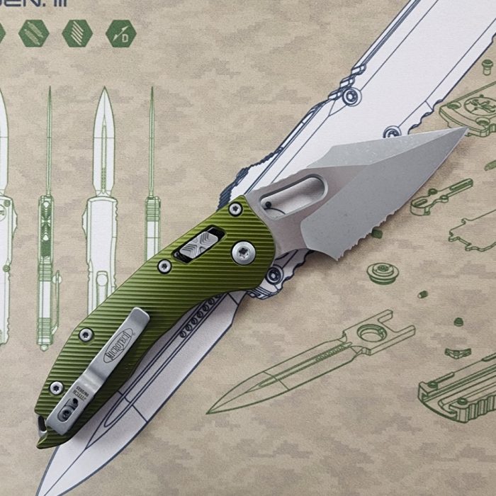 Microtech Stitch 169RL-11APFLOD Ram-Lok Apocalyptic Partial Serrated M390MK Fluted OD Green G10 - Image 2