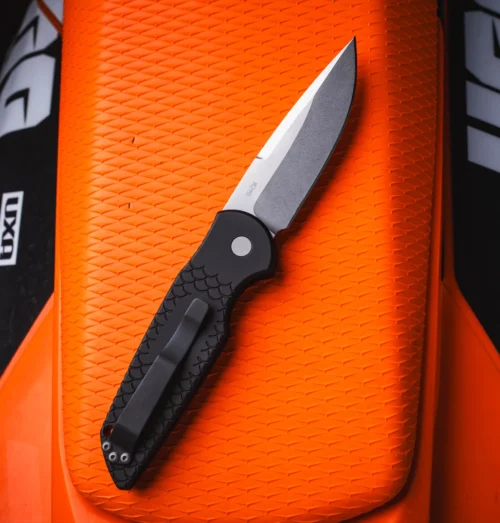 Protech TR-3 X1 SW Auto Black Aluminum Fish Scale Stonewash 154CM Clip Point