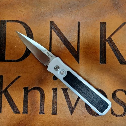 Protech Godson Automatic 7210 Silver Cross Cut Carbon Fiber Inlay Satin 20CV Black Lip Pearl Button