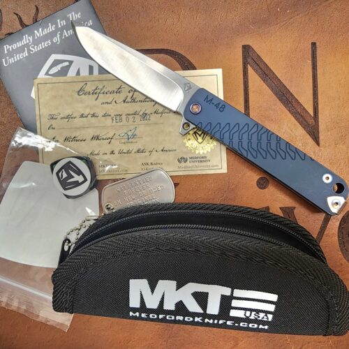 Medford KnifeM48 S35VN Blue Aluminum Show Side Titanium Lock Side Flamed Hardware