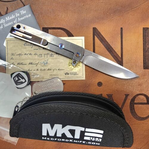 Medford KnifeM48 S35VN Blue Aluminum Show Side Titanium Lock Side Flamed Hardware