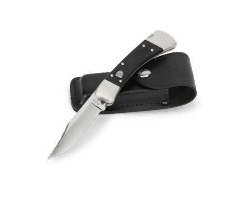 Buck 110 Auto Elite 110BKSA Magnacut Satin Blade G10 Handle silver nickel bolsters Black leather sheath