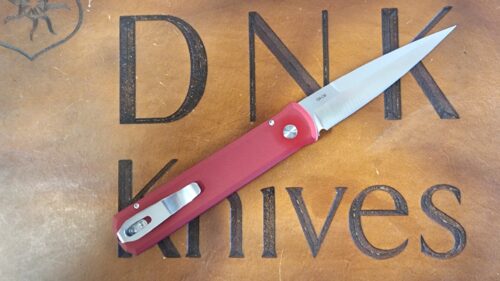 Pro-Tech 921 Godfather 4″ 154CM Satin Plain Blade, Red Aluminum Handles, Mother of Pearl Button 921-MOP RED