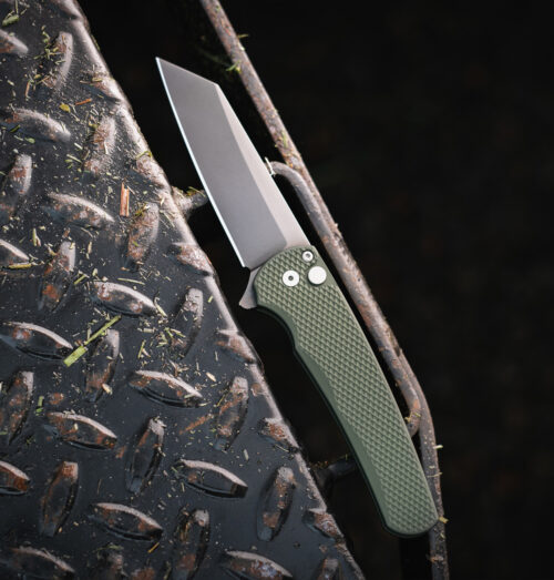 Protech 5406-SG Malibu Flipper Green Textured Aluminum Button Lock Smokey Grey DLC Magnacut Reverse Tanto
