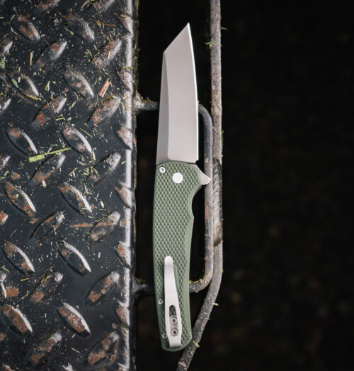 Protech 5406-SG Malibu Flipper Green Textured Aluminum Button Lock Smokey Grey DLC Magnacut Reverse Tanto