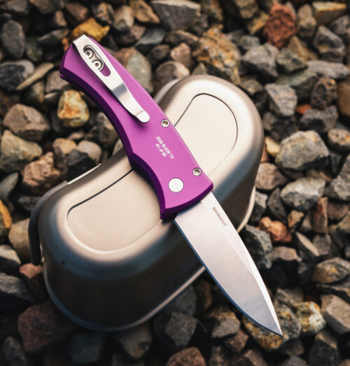 Pro-Tech BLADE Show Texas 2026 Duke 2  2.625″ CPM-MagnaCut Satin Drop Point Blade Purple Aluminum Handles White Pearl Button BST26.Duke.1