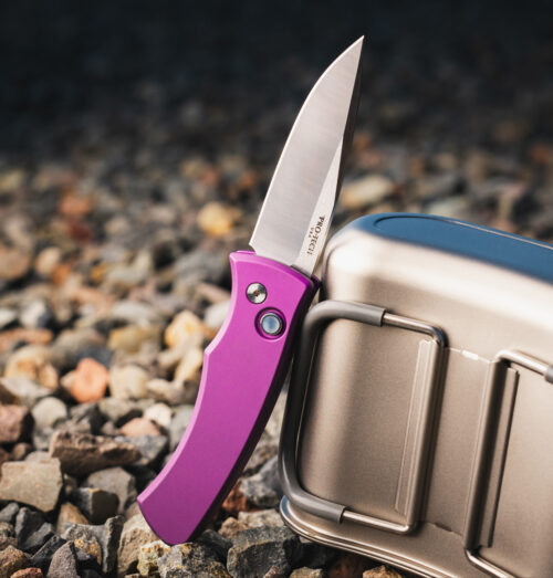 Pro-Tech BLADE Show Texas 2026 Duke 2  2.625″ CPM-MagnaCut Satin Drop Point Blade Purple Aluminum Handles White Pearl Button BST26.Duke.1