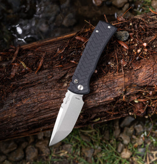 Pro-Tech Chaves Redencion 229 Auto S35VN Stonewashed Tanto Black Tread Textured Aluminum Handles Black Lip Pearl Button BST26.Redencion.1