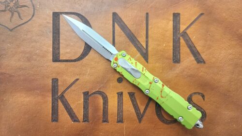 Microtech Dirac Delta 227-10Z D/E Satin Standard Blade Lime Green Aluminum Chassis w/ Blood Splatter