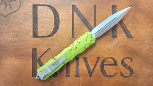 Microtech Dirac Delta 227-10Z D/E Satin Standard Blade Lime Green Aluminum Chassis w/ Blood Splatter
