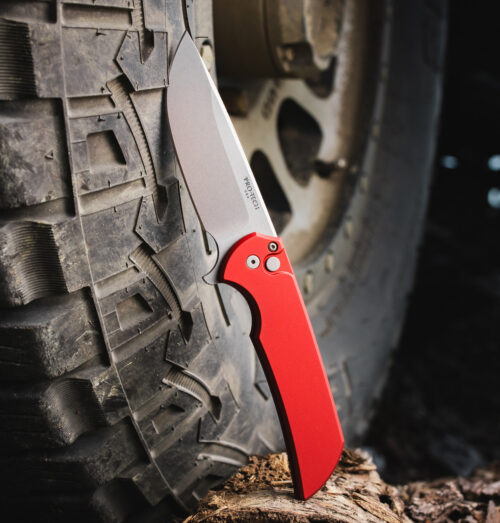 Protech Ferrum Forge Mordax Button Lock Flipper Red Aluminum Handle Stonewashed 20CV MX101-Red Blasted Hardware and Clip