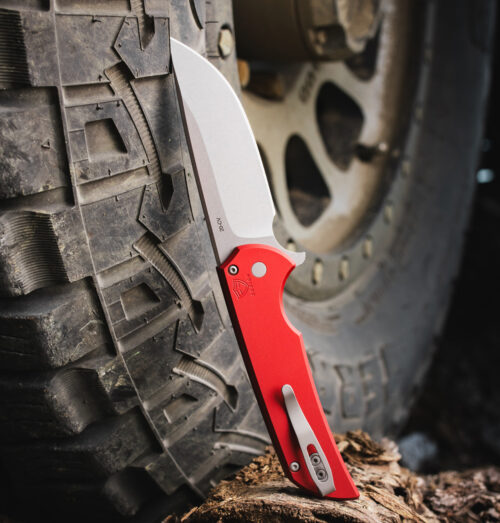 Protech Ferrum Forge Mordax Button Lock Flipper Red Aluminum Handle Stonewashed 20CV MX101-Red Blasted Hardware and Clip