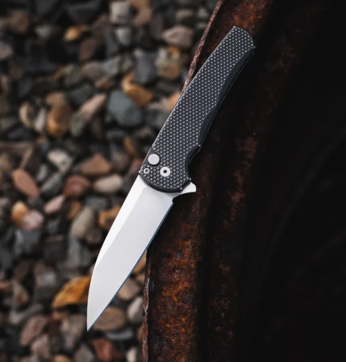 Protech 5305-SW Malibu Flipper Textured Battleworn Black Aluminum Handle Magnacut Stonewash Wharncliffe Blade
