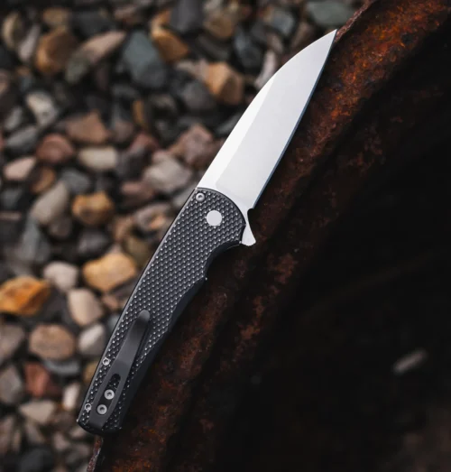 Protech 5305-SW Malibu Flipper Textured Battleworn Black Aluminum Handle Magnacut Stonewash Wharncliffe Blade