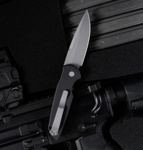 Protech TR-3 Auto Black Handle w/Grooves Bead Blasted 154CM Clip Point
