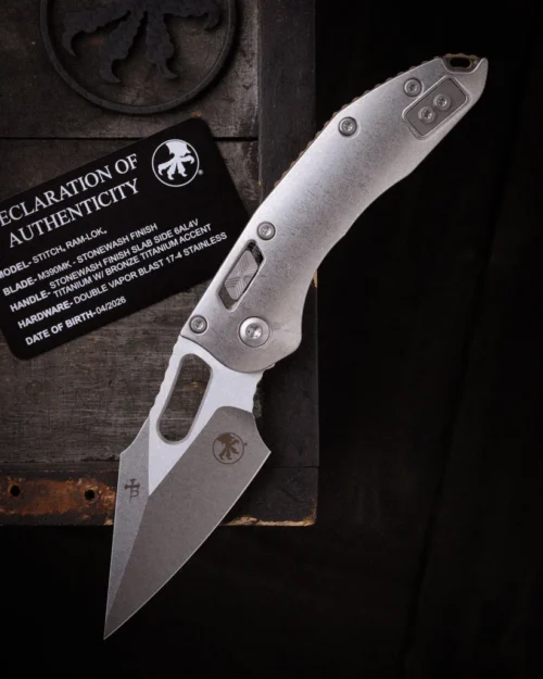 Microtech 169MRL-10MS1 Mini Stitch RAM-LOK, Stonewashed Titanium Handle & Stonewashed M390MK Blade