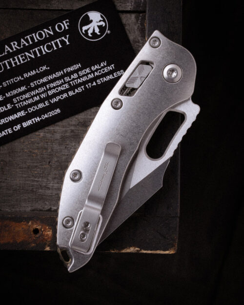 Microtech 169MRL-10MS1 Mini Stitch RAM-LOK, Stonewashed Titanium Handle & Stonewashed M390MK Blade