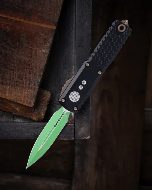 Microtech 12324-1JM UTX-85 Gen IV Jedi Master OTF Automatic Knife, Green Double Edge M390MK Blade & Black Aluminum Handle